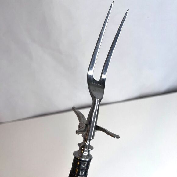 Stainless Carving Fork VTG Solid Wood Handle with Finger Grooves Kickstand MCM - Picture 6 of 14